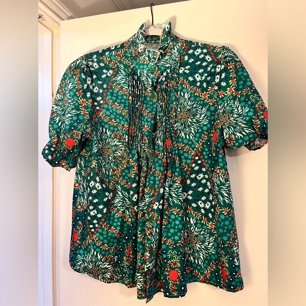 Green Red and White patterned Blouse